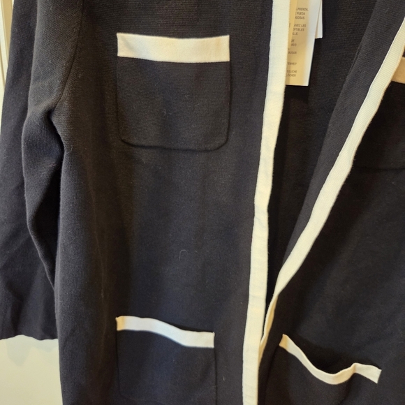 Anne KleinTipped Patch-Pocket Cardigan Women's Medium Black Open Front - Picture 6 of 15